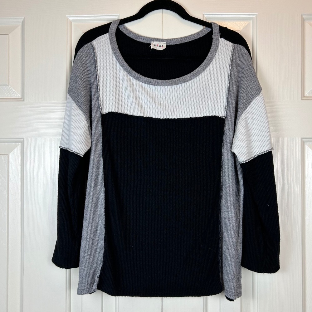 BiBi Womens Colorblock Waffle Knit Top Thermal Scoop Neck L